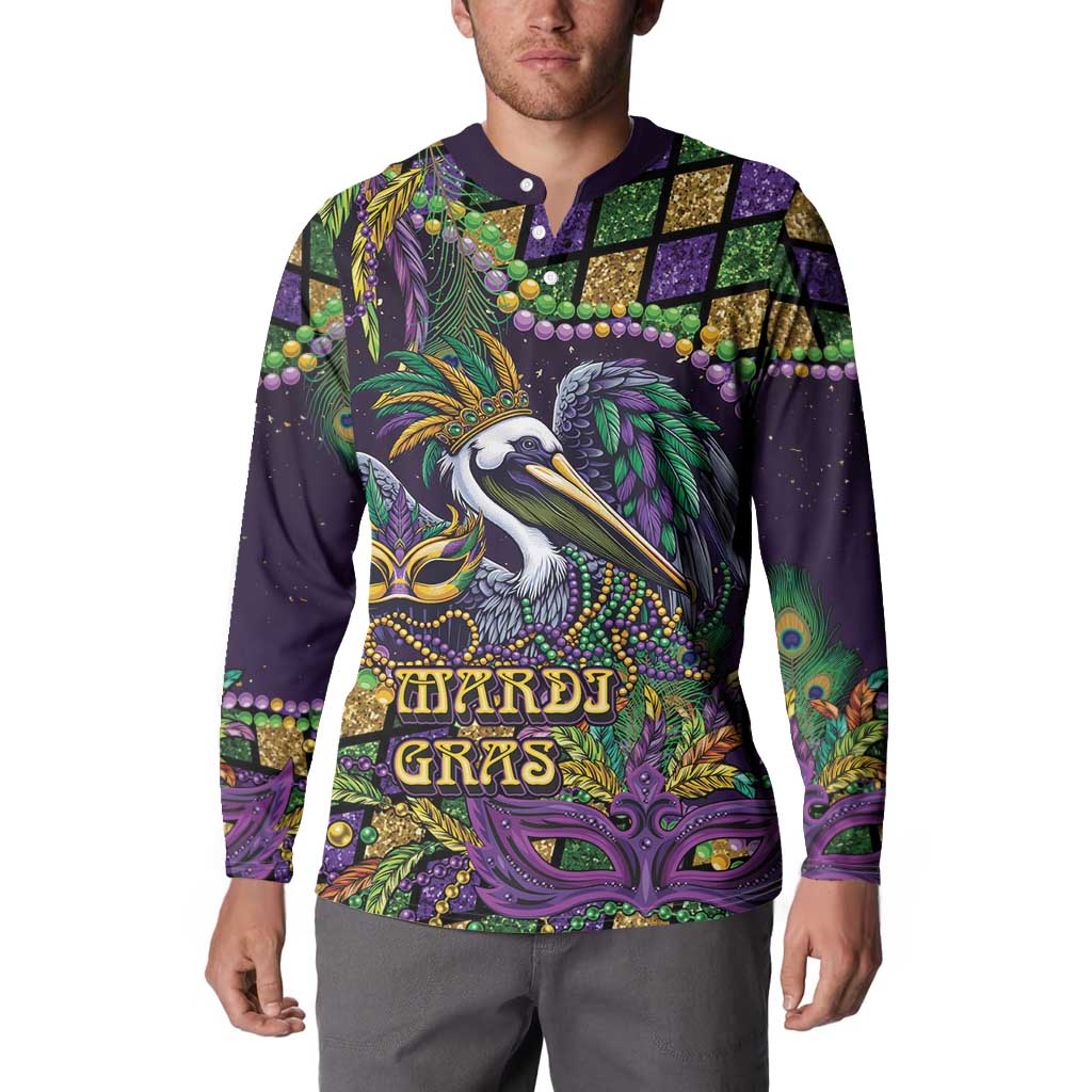 Mardi Gras Pelican Button Sweatshirt Crowned Feathers Carnival Reign - Wonder Print Shop