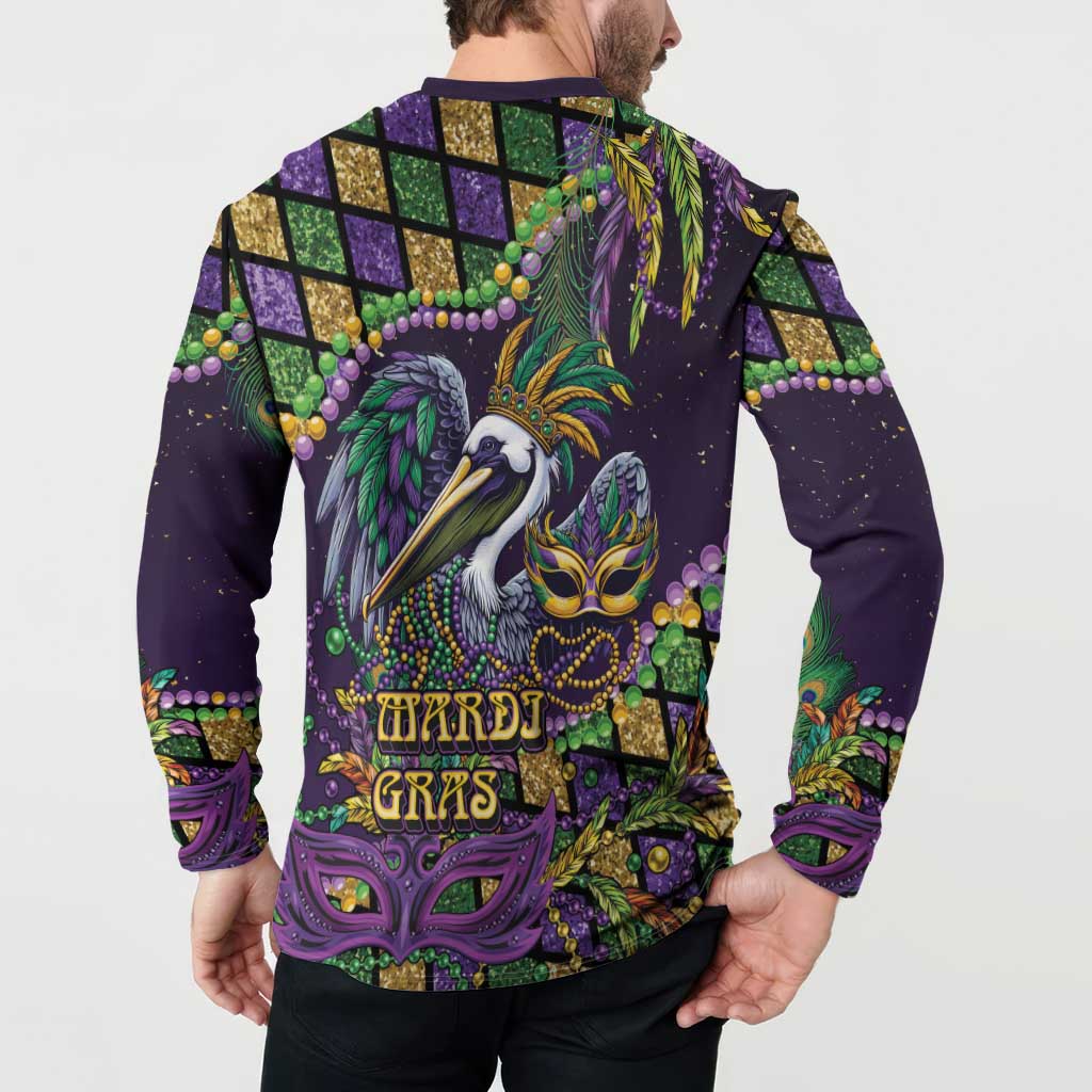 Mardi Gras Pelican Button Sweatshirt Crowned Feathers Carnival Reign - Wonder Print Shop