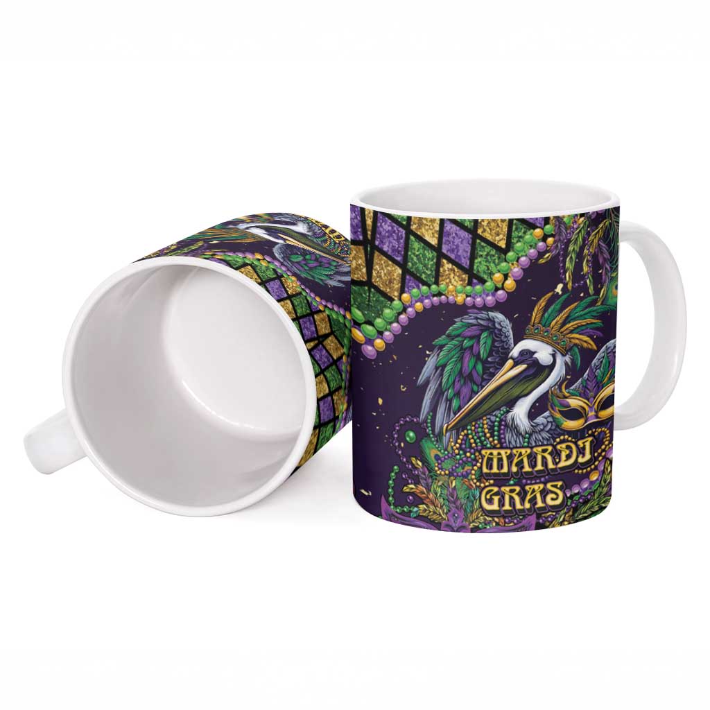 Mardi Gras Pelican Ceramic Mug Crowned Feathers Carnival Reign - Wonder Print Shop