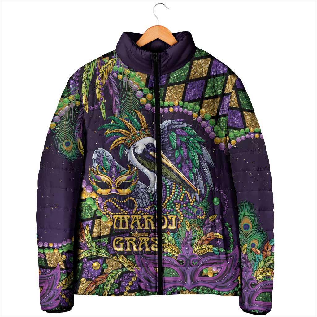 Mardi Gras Pelican Padded Jacket Crowned Feathers Carnival Reign - Wonder Print Shop