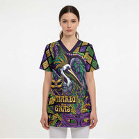 Mardi Gras Pelican Scrub Top Crowned Feathers Carnival Reign - Wonder Print Shop