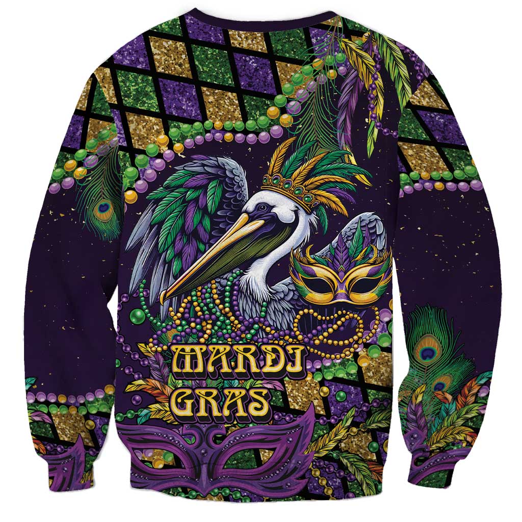 Mardi Gras Pelican Sweatshirt Crowned Feathers Carnival Reign - Wonder Print Shop