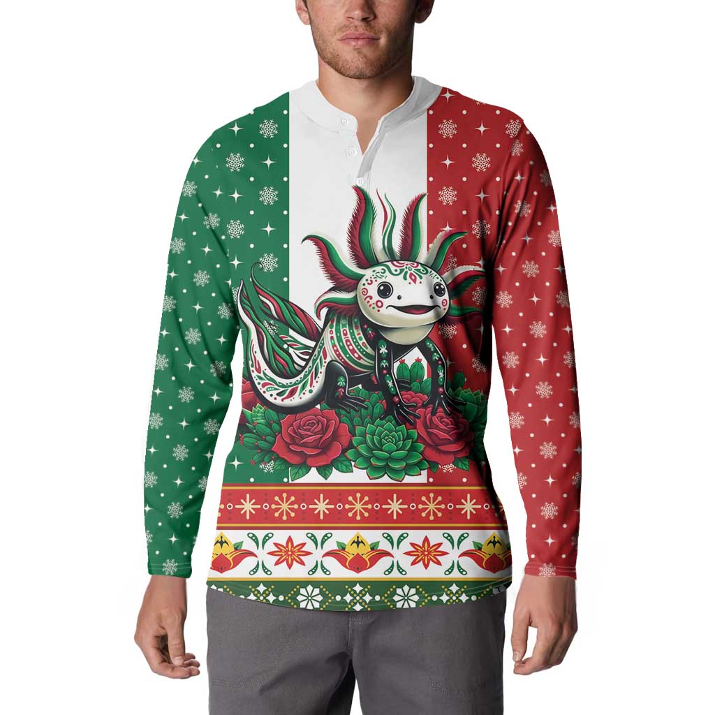 Mexico Christmas Button Sweatshirt Cute Axolotl with Flag Style - Wonder Print Shop
