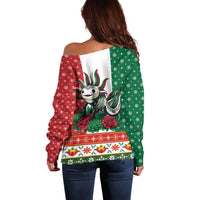 Mexico Christmas Off Shoulder Sweater Cute Axolotl with Flag Style - Wonder Print Shop