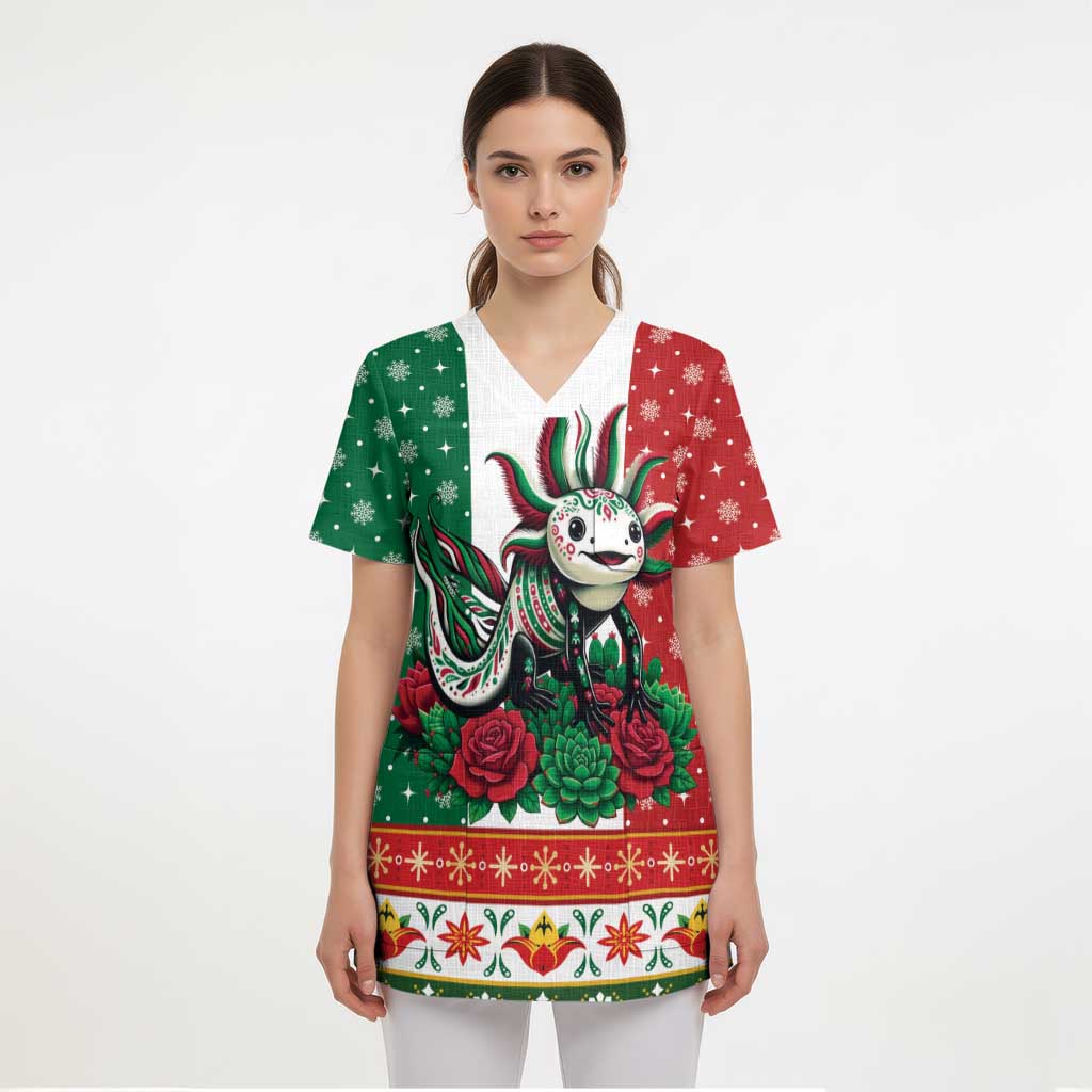 Mexico Christmas Scrub Top Cute Axolotl with Flag Style - Wonder Print Shop