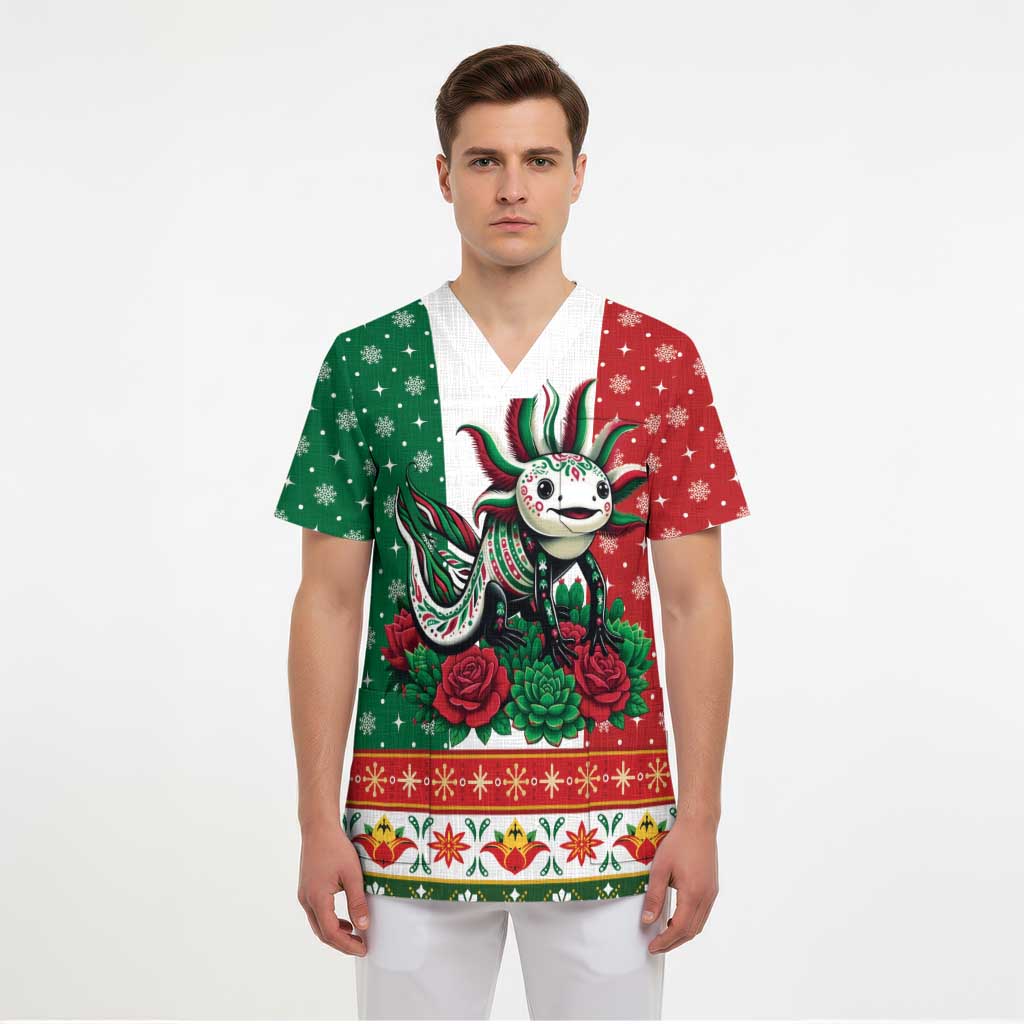 Mexico Christmas Scrub Top Cute Axolotl with Flag Style - Wonder Print Shop