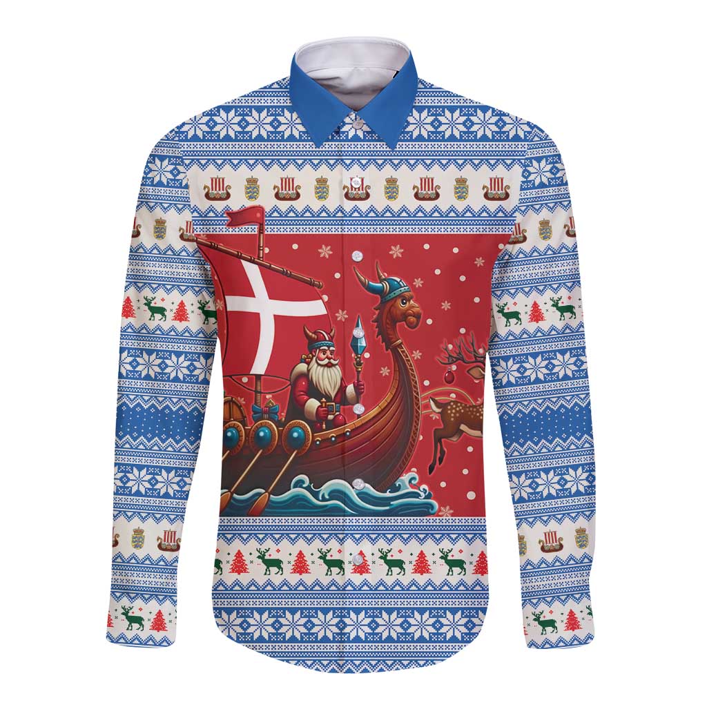 Denmark Viking Santa Christmas Long Sleeve Button Shirt Funny Reindeer Norse Xmas - Wonder Print Shop