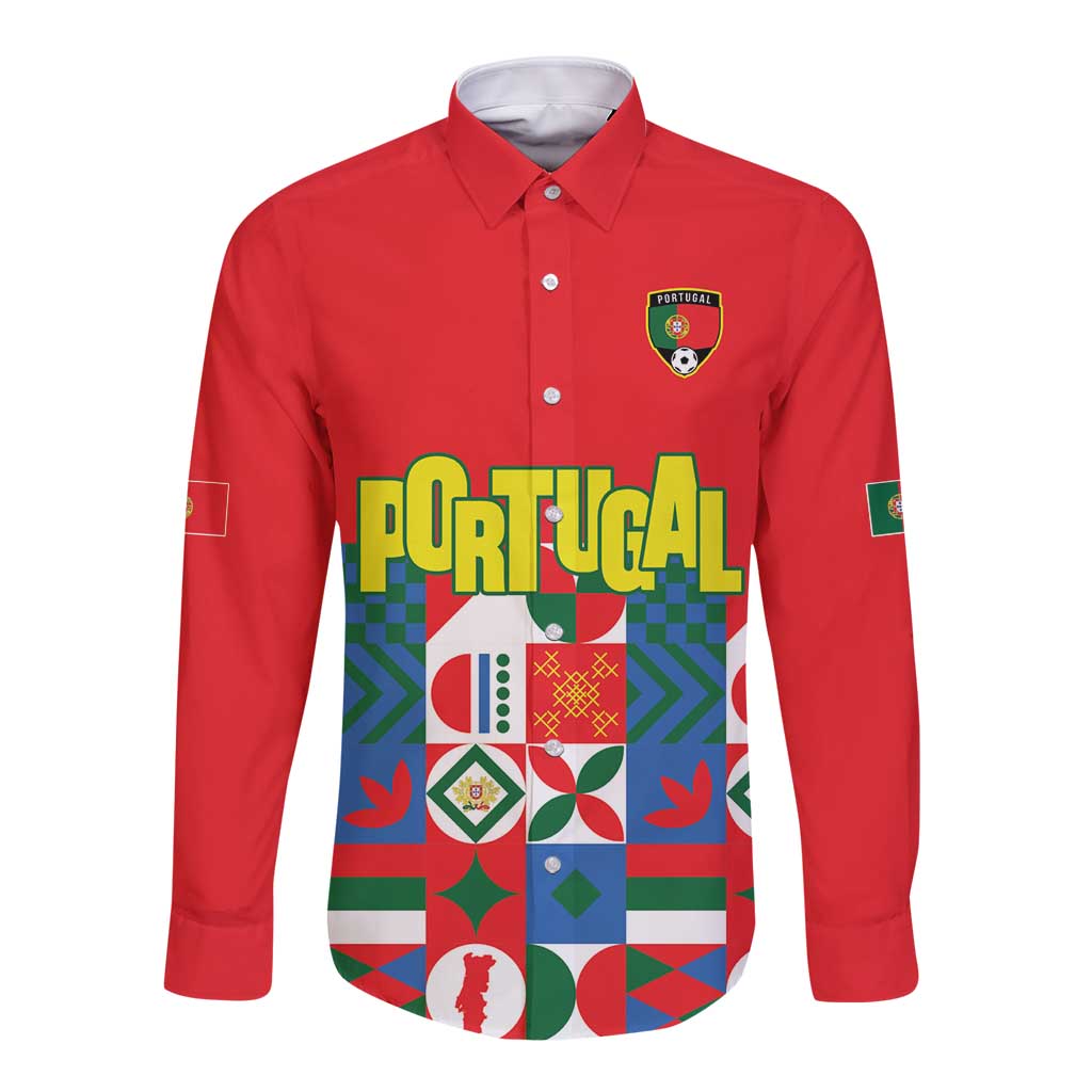 Portugal Football Long Sleeve Button Shirt Patchwork National Flag Design - Wonder Print Shop