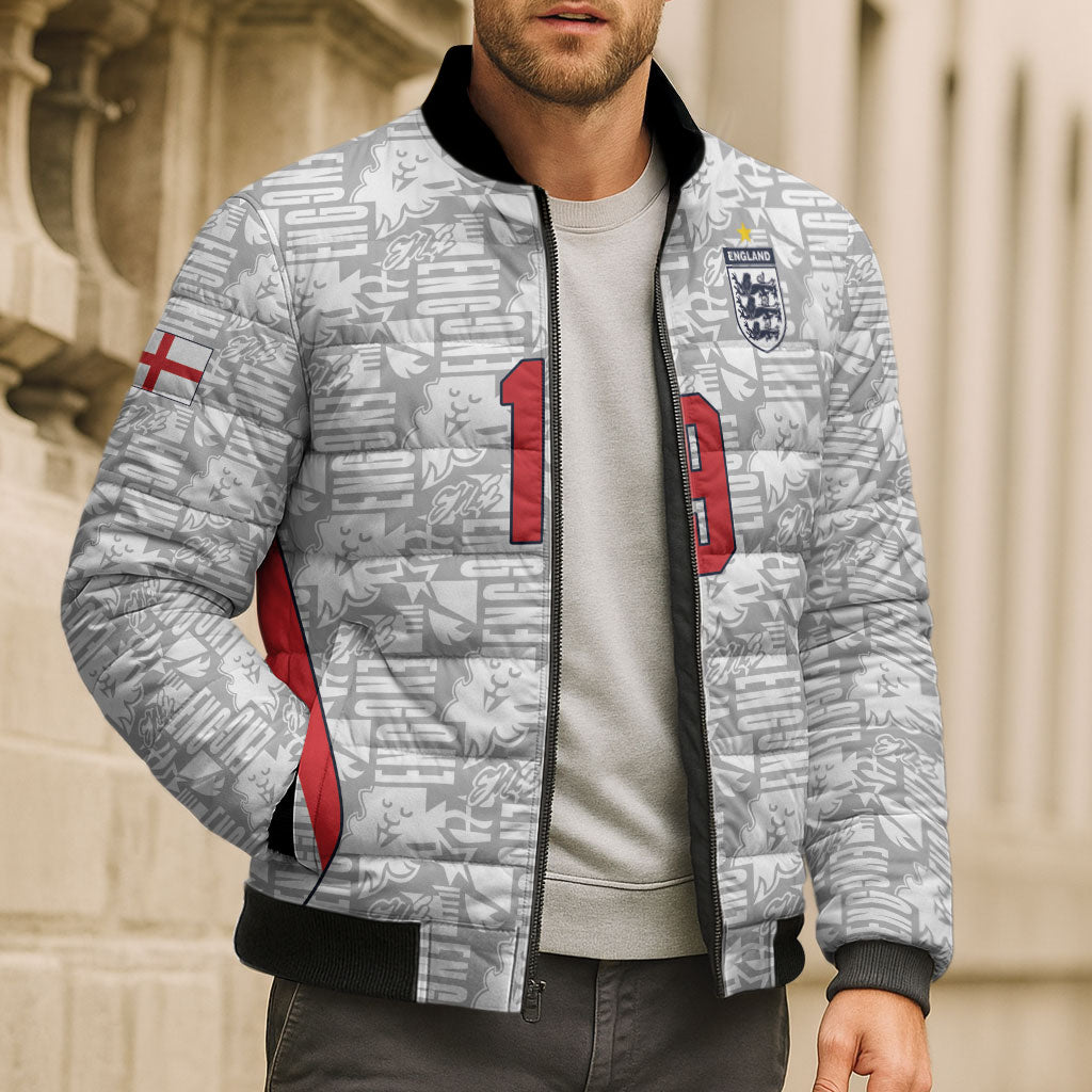 Custom World Football 2026 England Bomber Puffer Jacket Three Lions Monogram White Glory