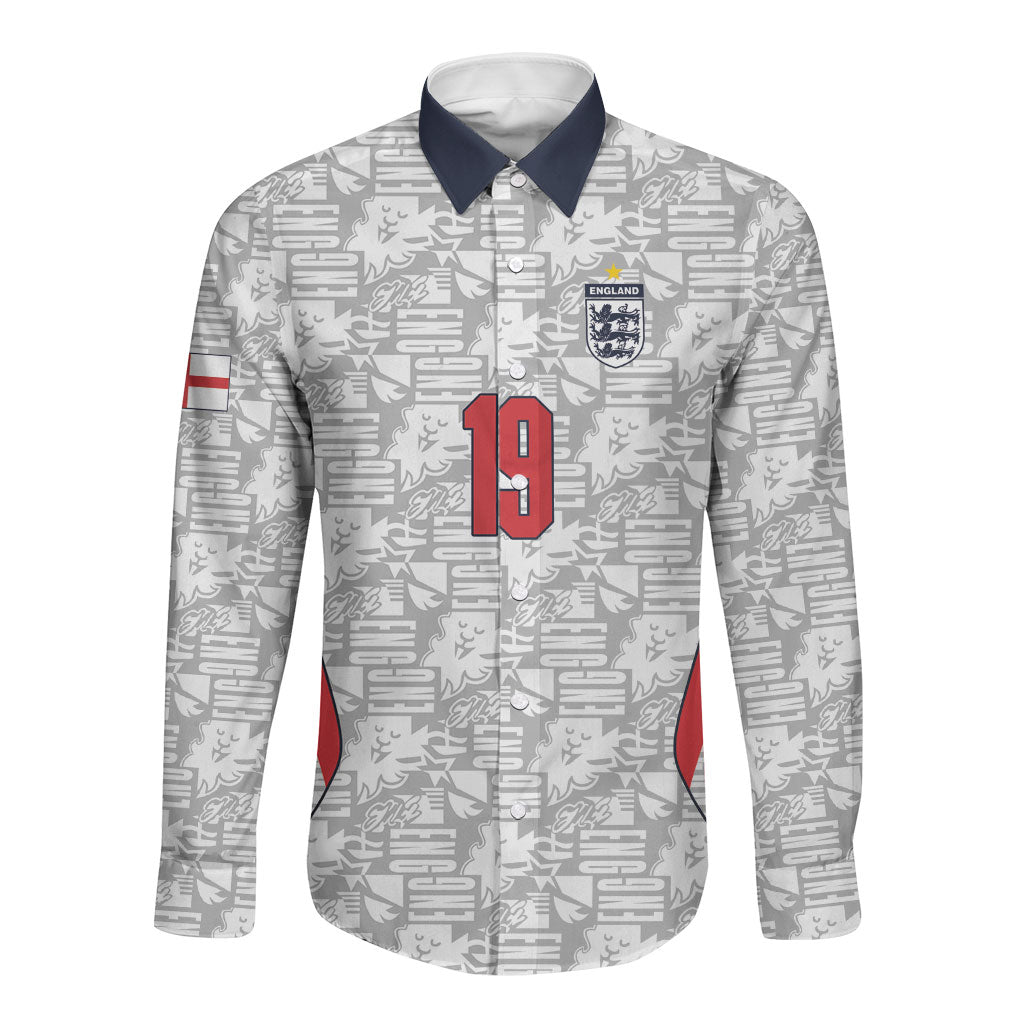 Custom World Football 2026 England Long Sleeve Button Shirt Three Lions Monogram White Glory