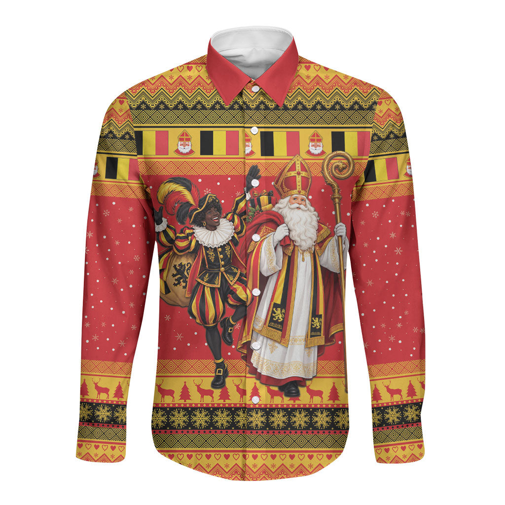 Belgium Christmas Long Sleeve Button Shirt Saint Nicholas and Pere Fouettard