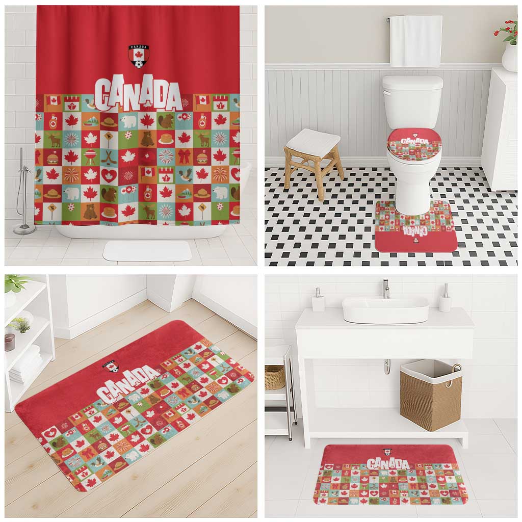 Canada Football Bathroom Set Patchwork Icons and Maple Leaf Pattern - Wonder Print Shop