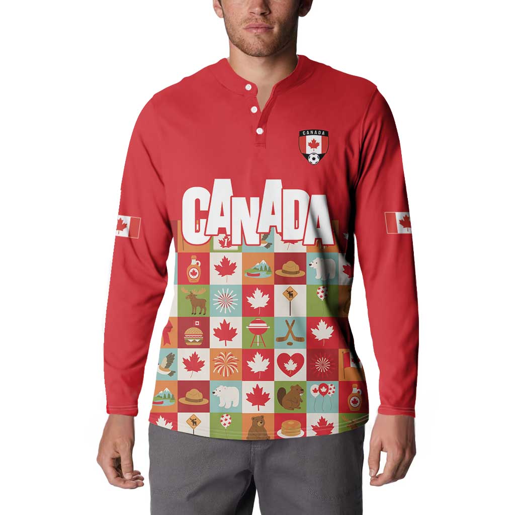 Canada Football Button Sweatshirt Patchwork Icons and Maple Leaf Pattern - Wonder Print Shop