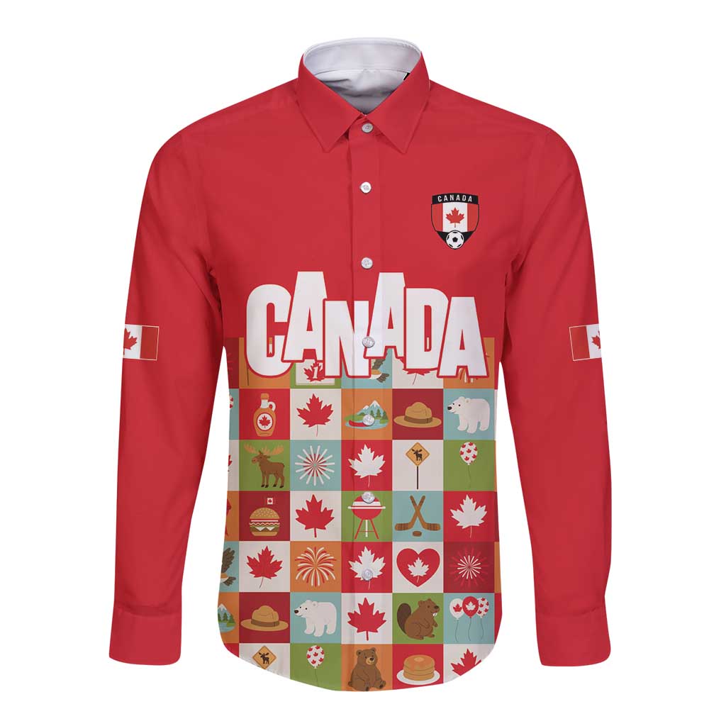 Canada Football Long Sleeve Button Shirt Patchwork Icons and Maple Leaf Pattern - Wonder Print Shop
