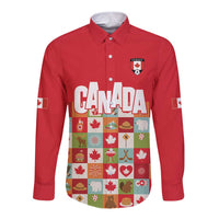 Canada Football Long Sleeve Button Shirt Patchwork Icons and Maple Leaf Pattern - Wonder Print Shop