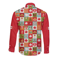 Canada Football Long Sleeve Button Shirt Patchwork Icons and Maple Leaf Pattern - Wonder Print Shop