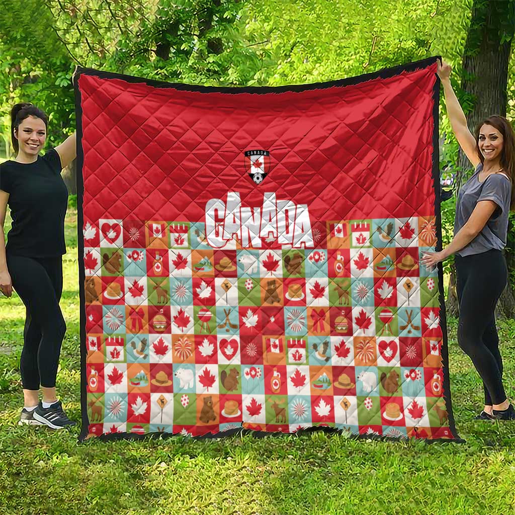 Canada Football Quilt Patchwork Icons and Maple Leaf Pattern - Wonder Print Shop