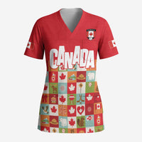 Canada Football Scrub Top Patchwork Icons and Maple Leaf Pattern - Wonder Print Shop