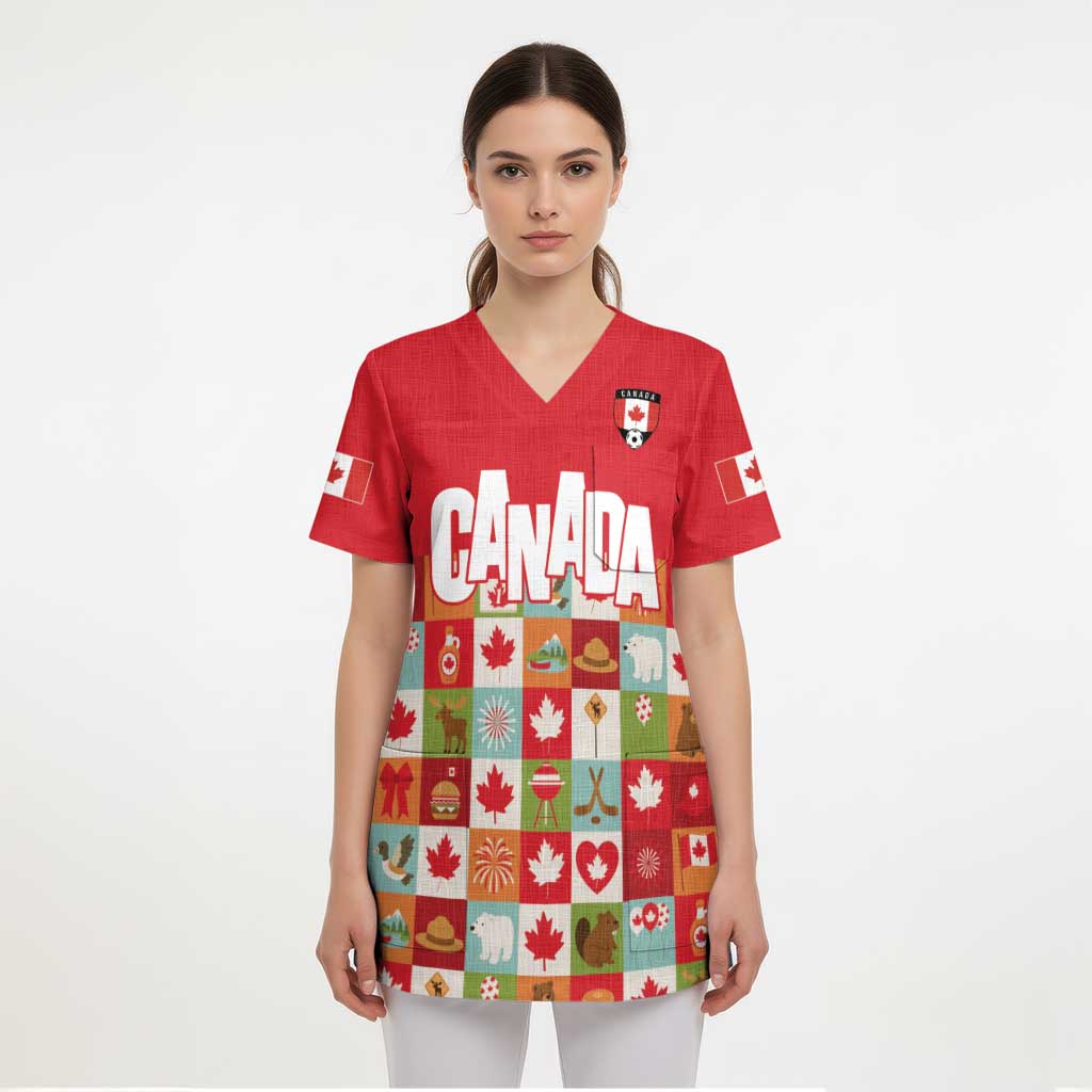 Canada Football Scrub Top Patchwork Icons and Maple Leaf Pattern - Wonder Print Shop