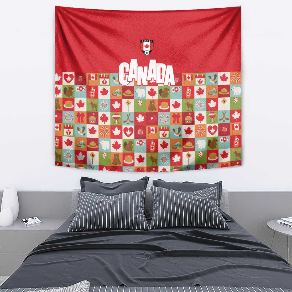 Canada Football Tapestry Patchwork Icons and Maple Leaf Pattern - Wonder Print Shop