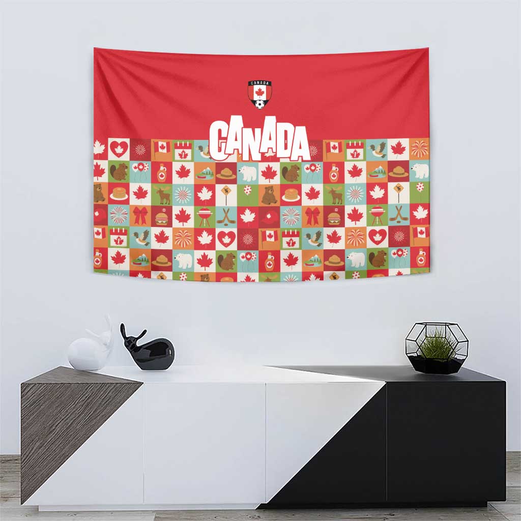 Canada Football Tapestry Patchwork Icons and Maple Leaf Pattern - Wonder Print Shop