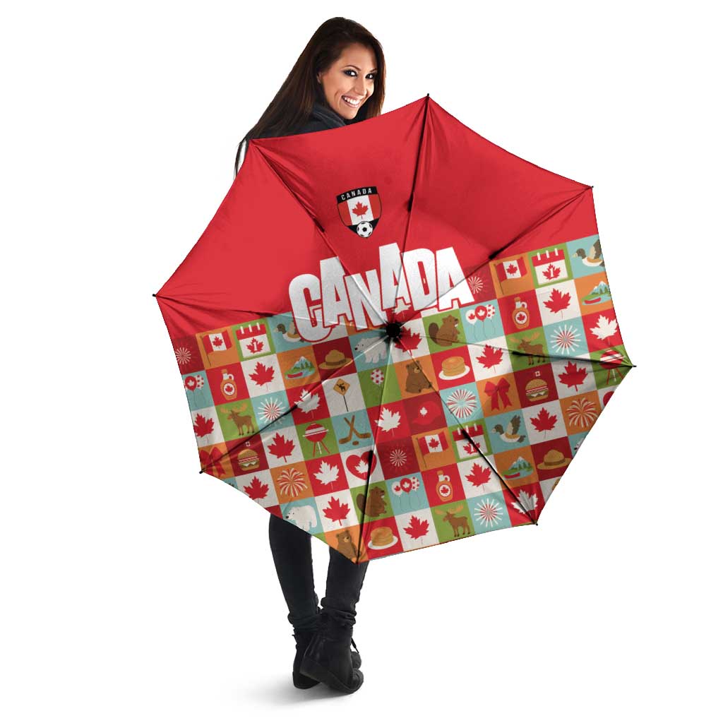 Canada Football Umbrella Patchwork Icons and Maple Leaf Pattern - Wonder Print Shop
