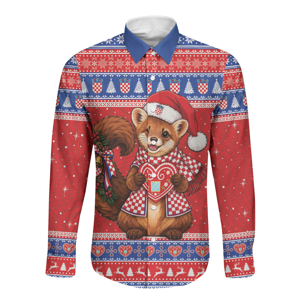 Croatia Christmas Long Sleeve Button Shirt Hrvatska Kuna Licitar Heart
