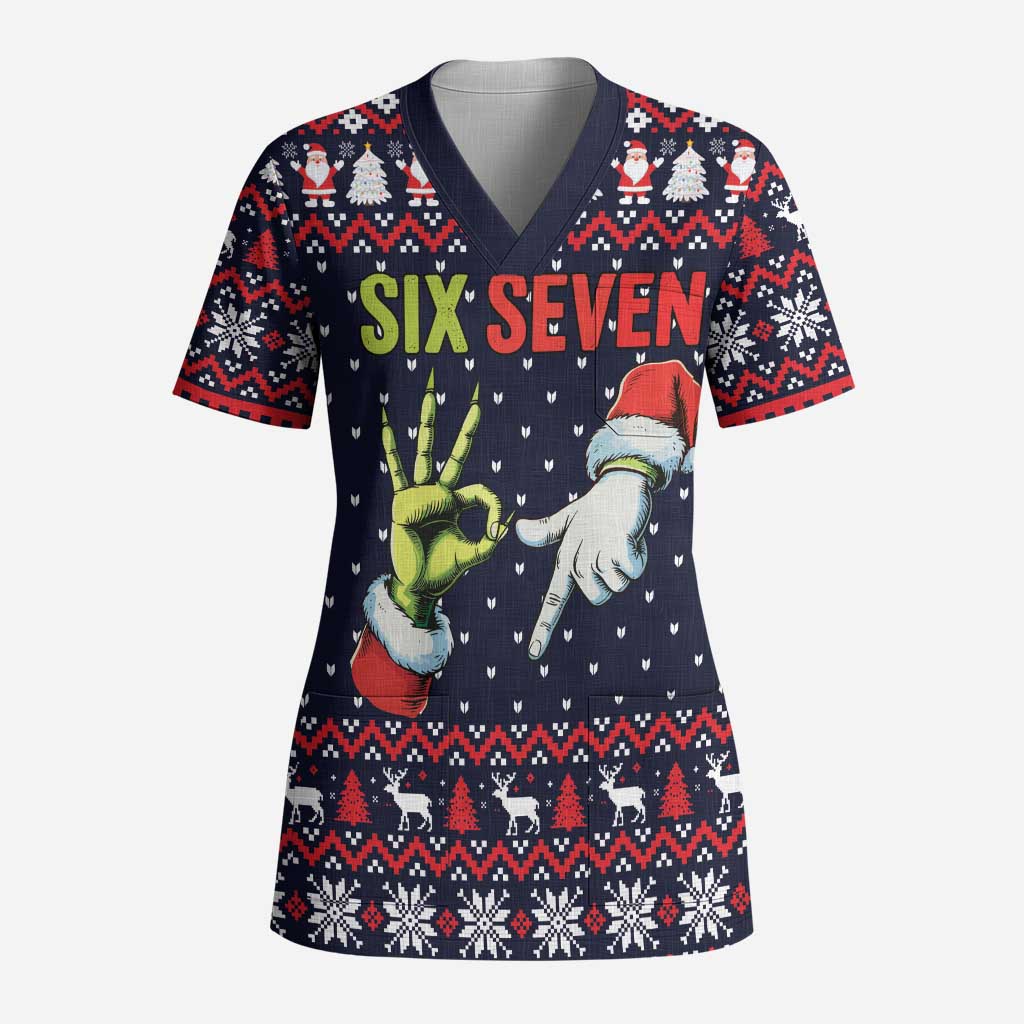 Grinch Hand Six Seven Xmas Scrub Top Meme Gen Alpha Slang - Wonder Print Shop