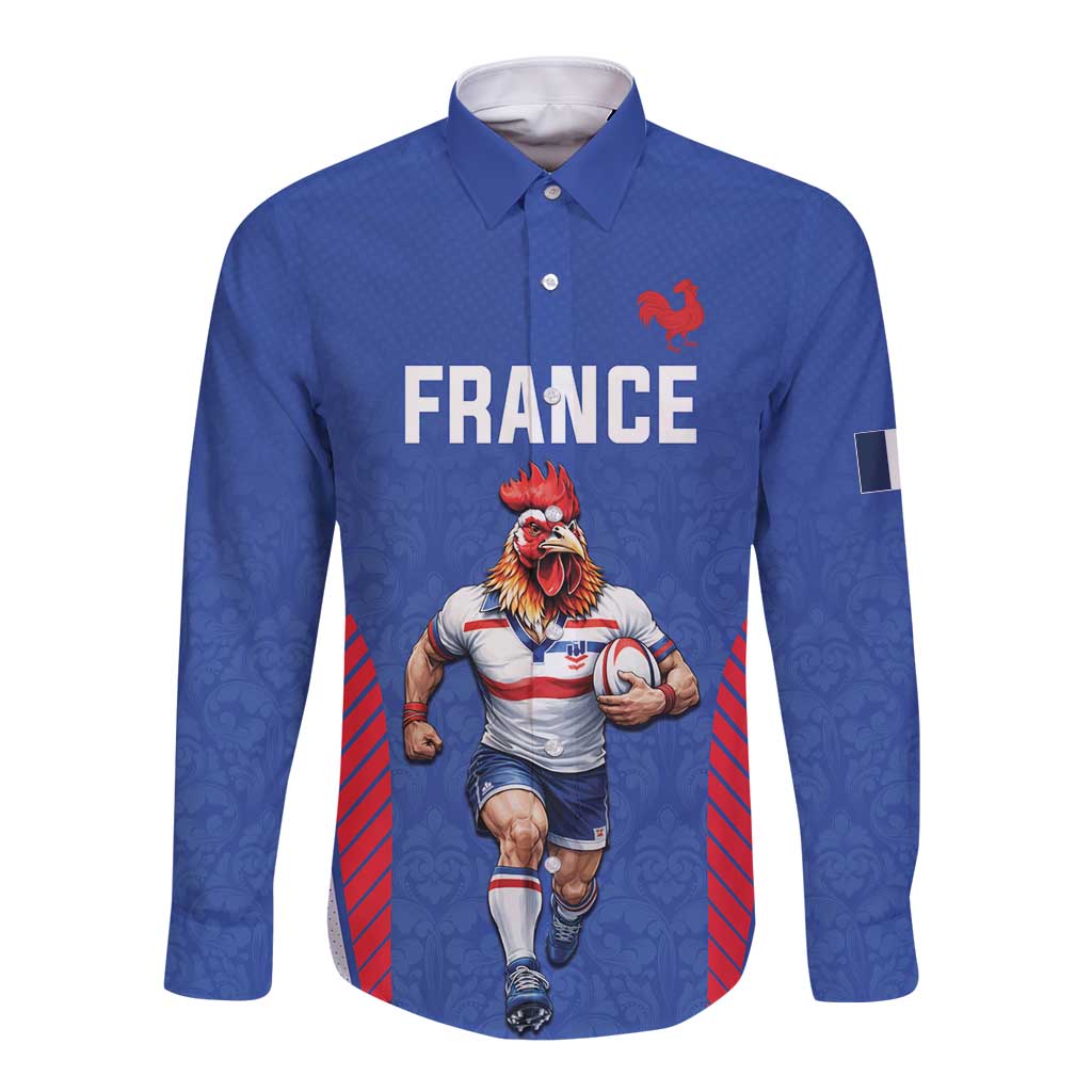 Custom Rugby France Long Sleeve Button Shirt XV de France Gallic Rooster Mascot