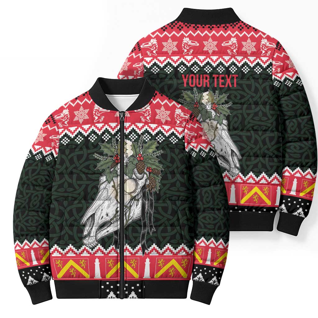 Personalized Anglesey Wales Christmas Bomber Puffer Jacket Mari Lwyd Celtic Knot Style - Wonder Print Shop