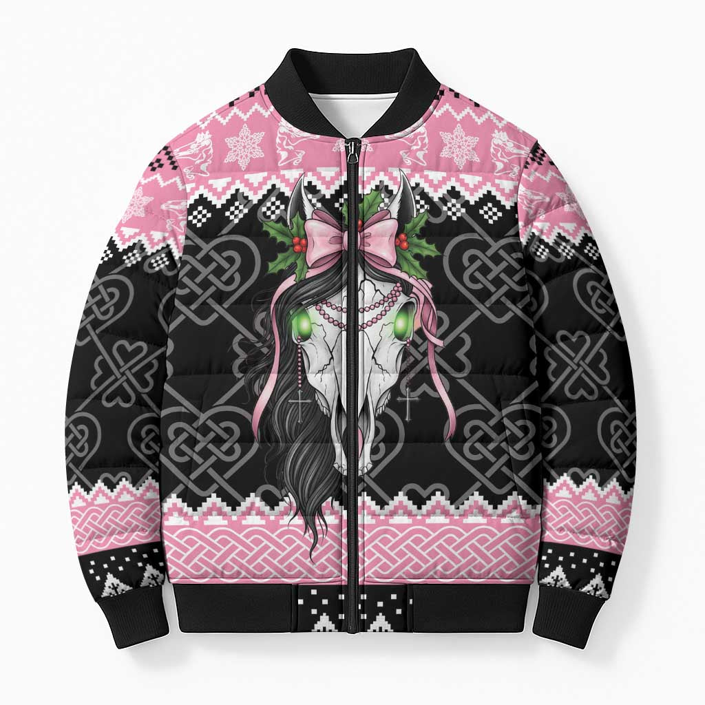 Anglesey Wales Christmas Bomber Puffer Jacket Pink Mari Lwyd Welsh Celtic Knot - Wonder Print Shop