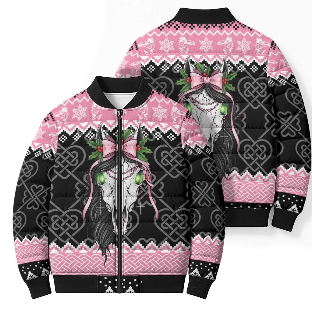 Anglesey Wales Christmas Bomber Puffer Jacket Pink Mari Lwyd Welsh Celtic Knot - Wonder Print Shop