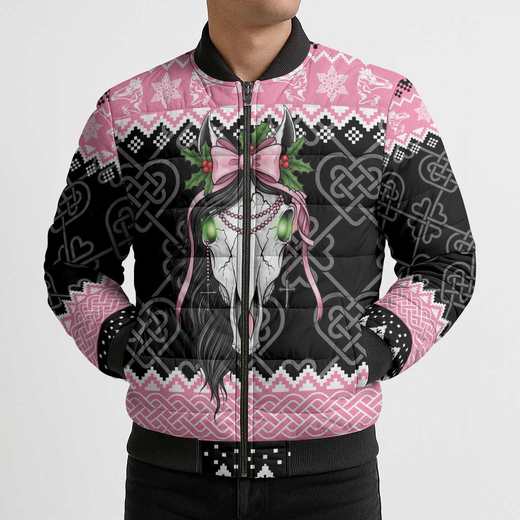 Anglesey Wales Christmas Bomber Puffer Jacket Pink Mari Lwyd Welsh Celtic Knot - Wonder Print Shop