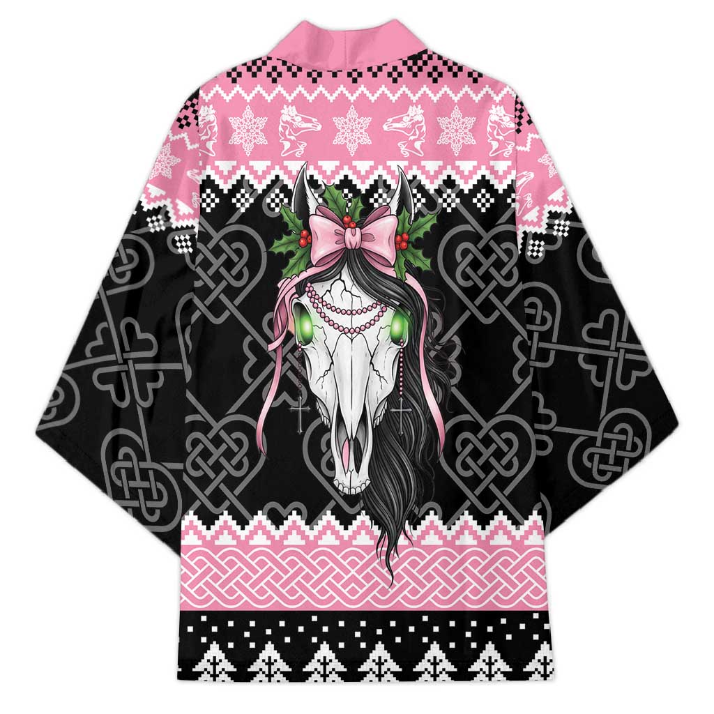 Pink and black unisex kimono robe with wide sleeves, winter celtic pattern and horse graphic