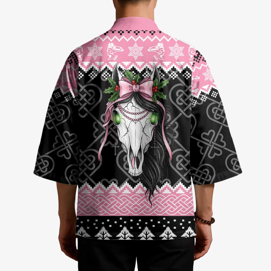 Back of pink and black unisex kimono robe with high collar, horse head and celtic knots
