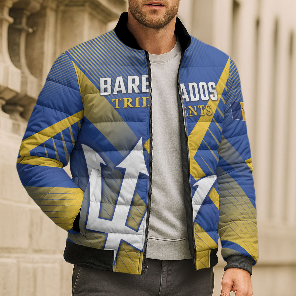 Custom Barbados Cricket Bomber Puffer Jacket Tridents Go For Glory