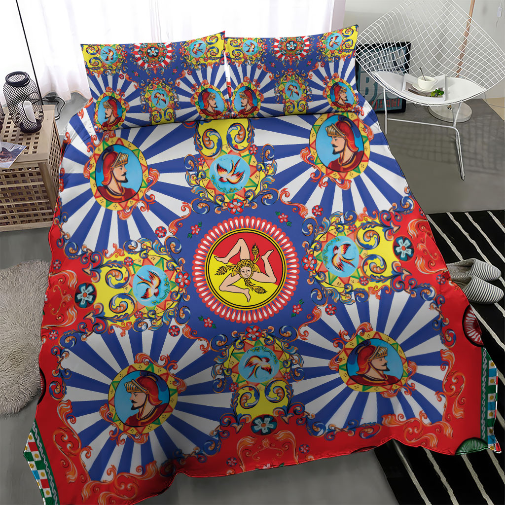 Carretto Siciliano Folk Art Bedding Set Trinacria Symbol Italian Pattern
