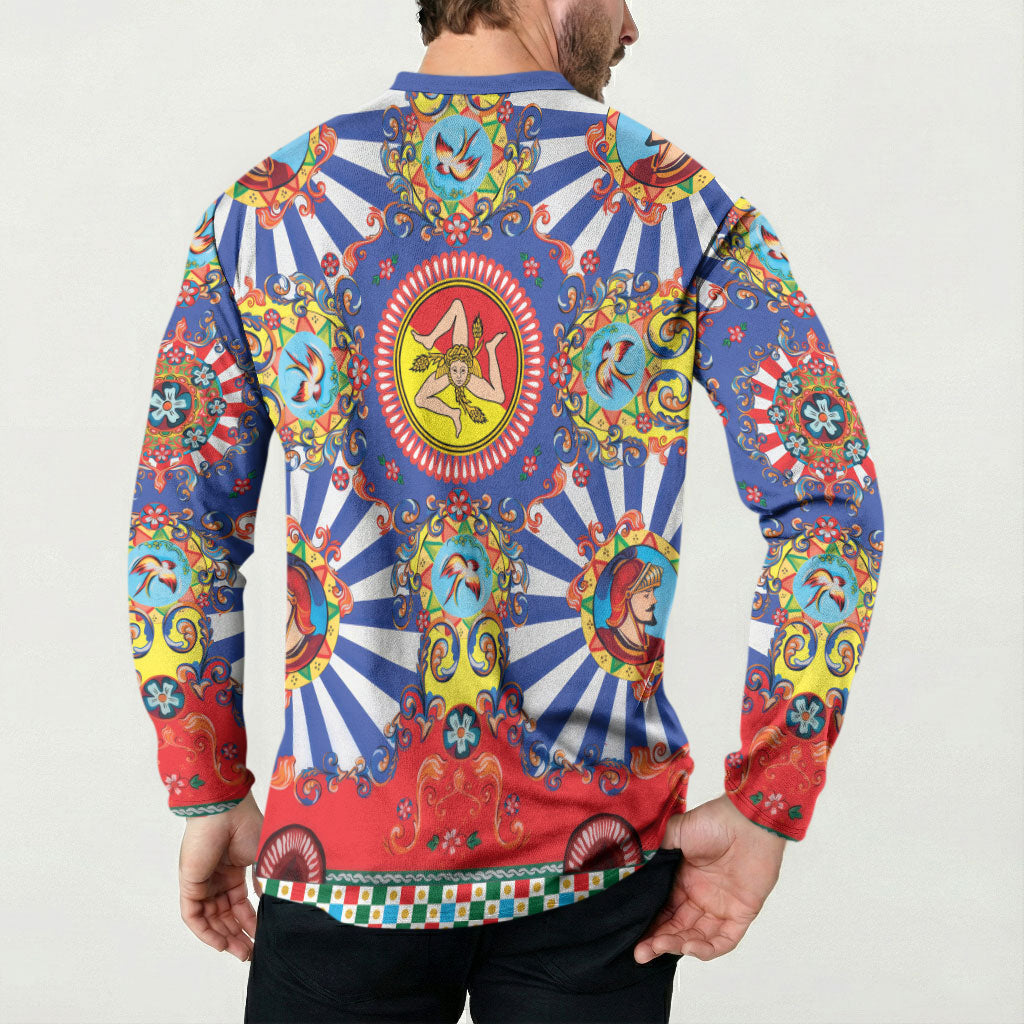 Carretto Siciliano Folk Art Button Sweatshirt Trinacria Symbol Italian Pattern