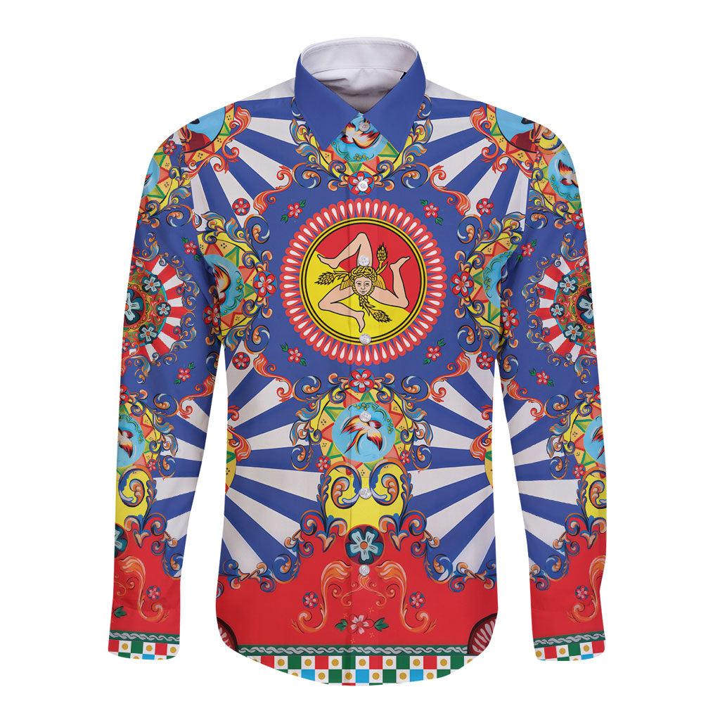 Carretto Siciliano Folk Art Long Sleeve Button Shirt Trinacria Symbol Italian Pattern