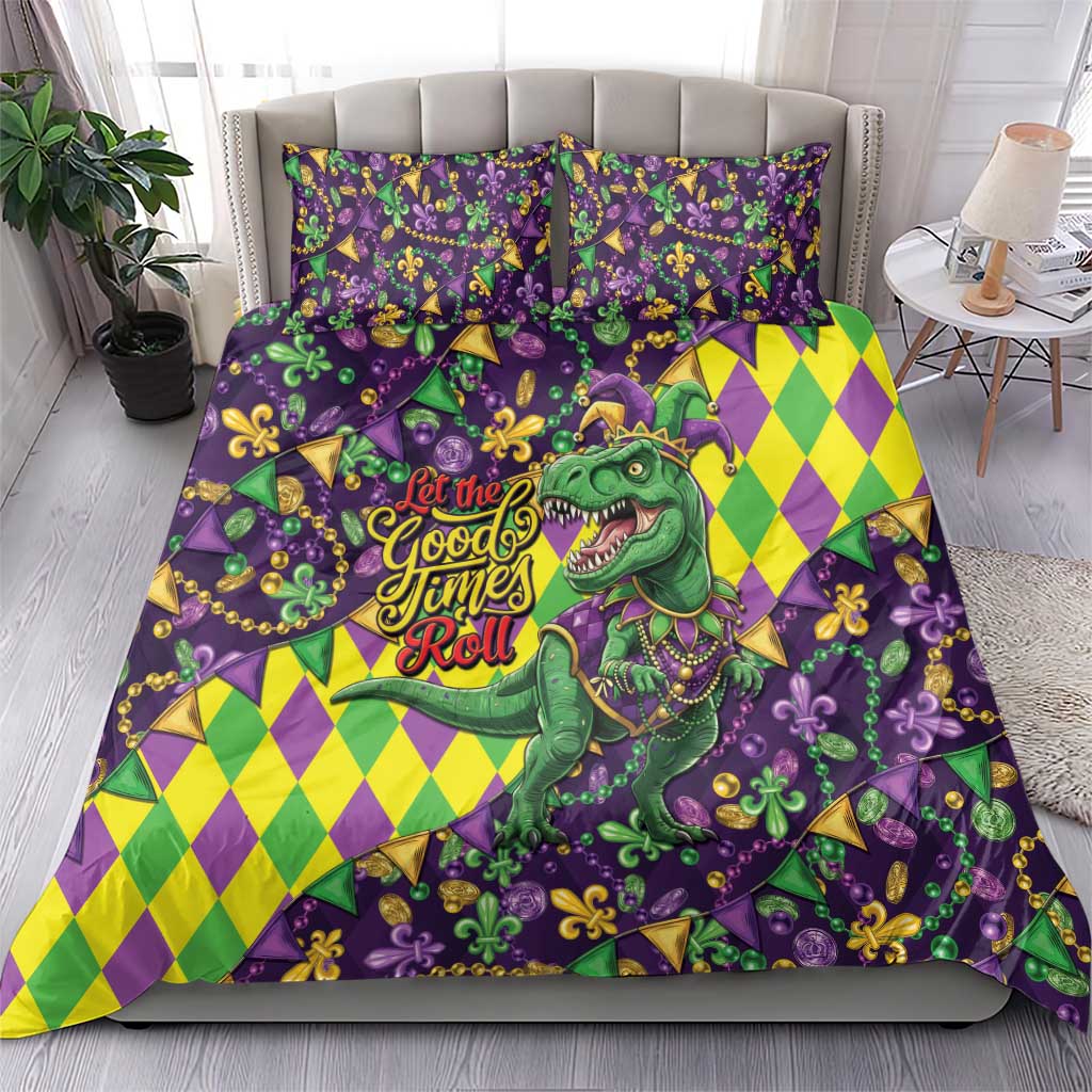 Funny Mardi Gras T-Rex Dinosaur Bedding Set Let The Good Times Roll - Wonder Print Shop