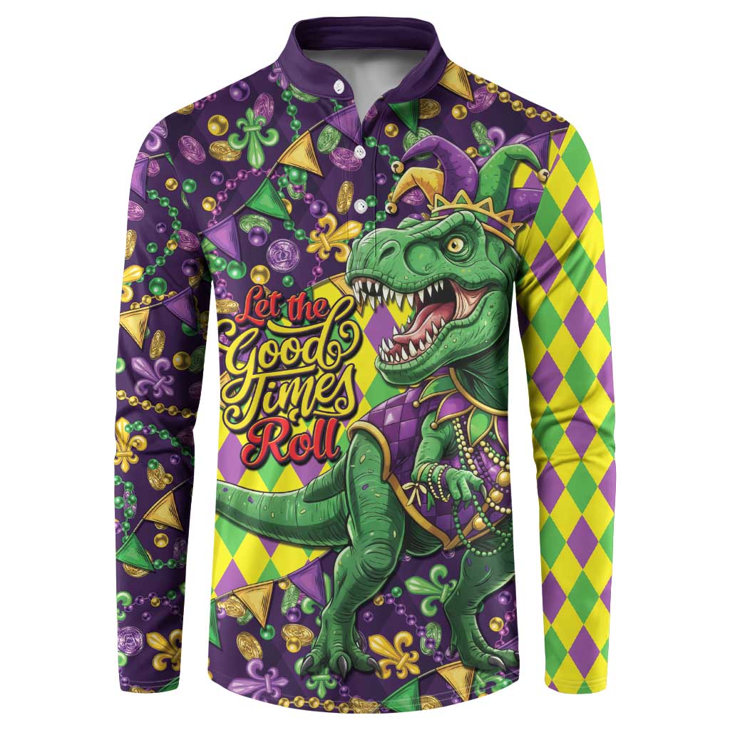 Funny Mardi Gras T-Rex Dinosaur Button Sweatshirt Let The Good Times Roll - Wonder Print Shop