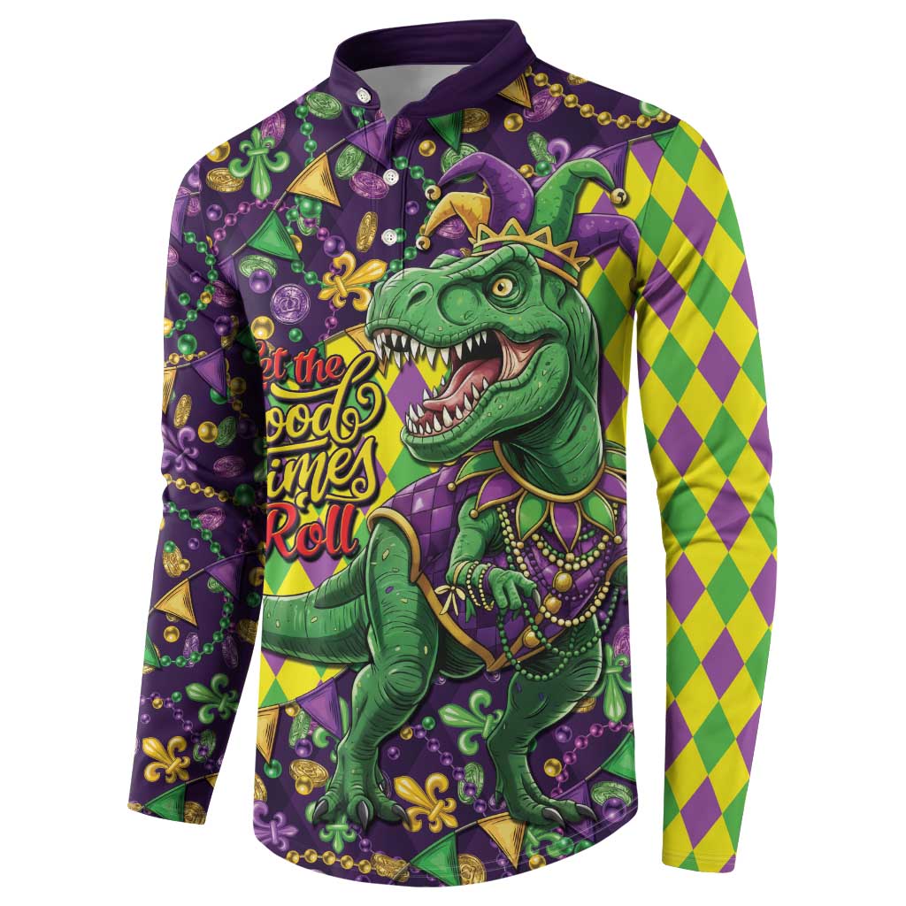 Funny Mardi Gras T-Rex Dinosaur Button Sweatshirt Let The Good Times Roll - Wonder Print Shop