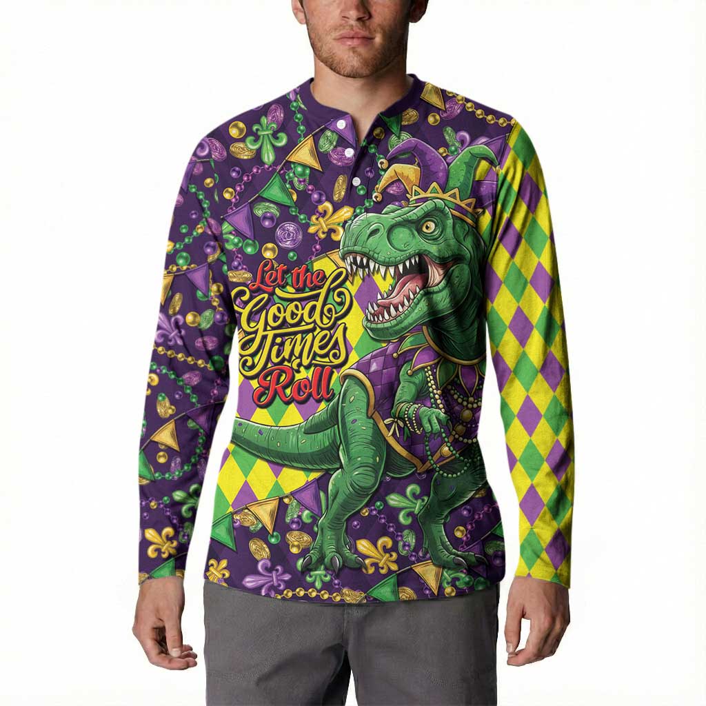 Funny Mardi Gras T-Rex Dinosaur Button Sweatshirt Let The Good Times Roll - Wonder Print Shop