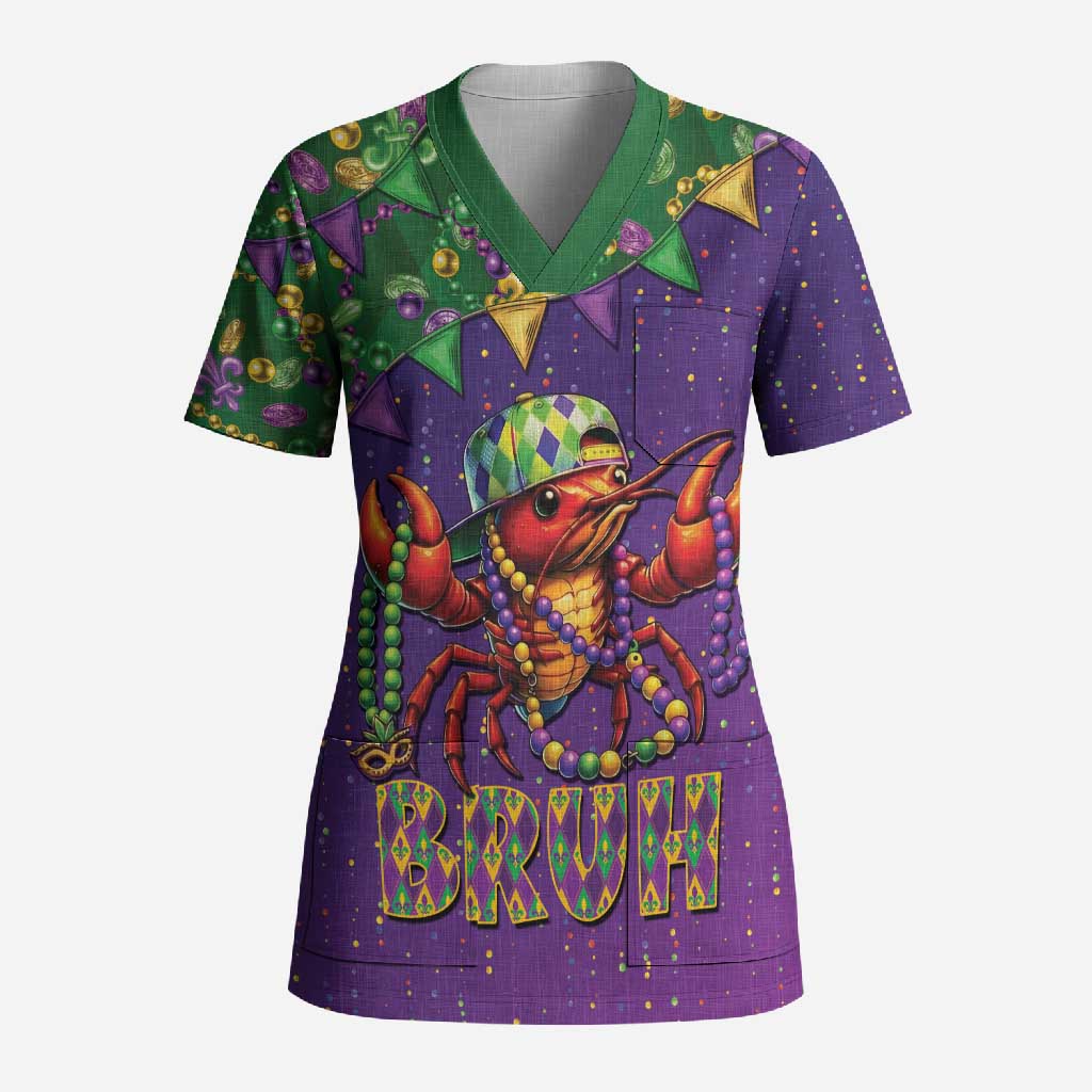 Funny Crawfish Carnival Scrub Top It's Mardi Gras Bruh - Wonder Print Shop