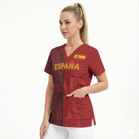 Custom World Football 2026 Spain Scrub Top Spanish Lion Azulejo Pattern