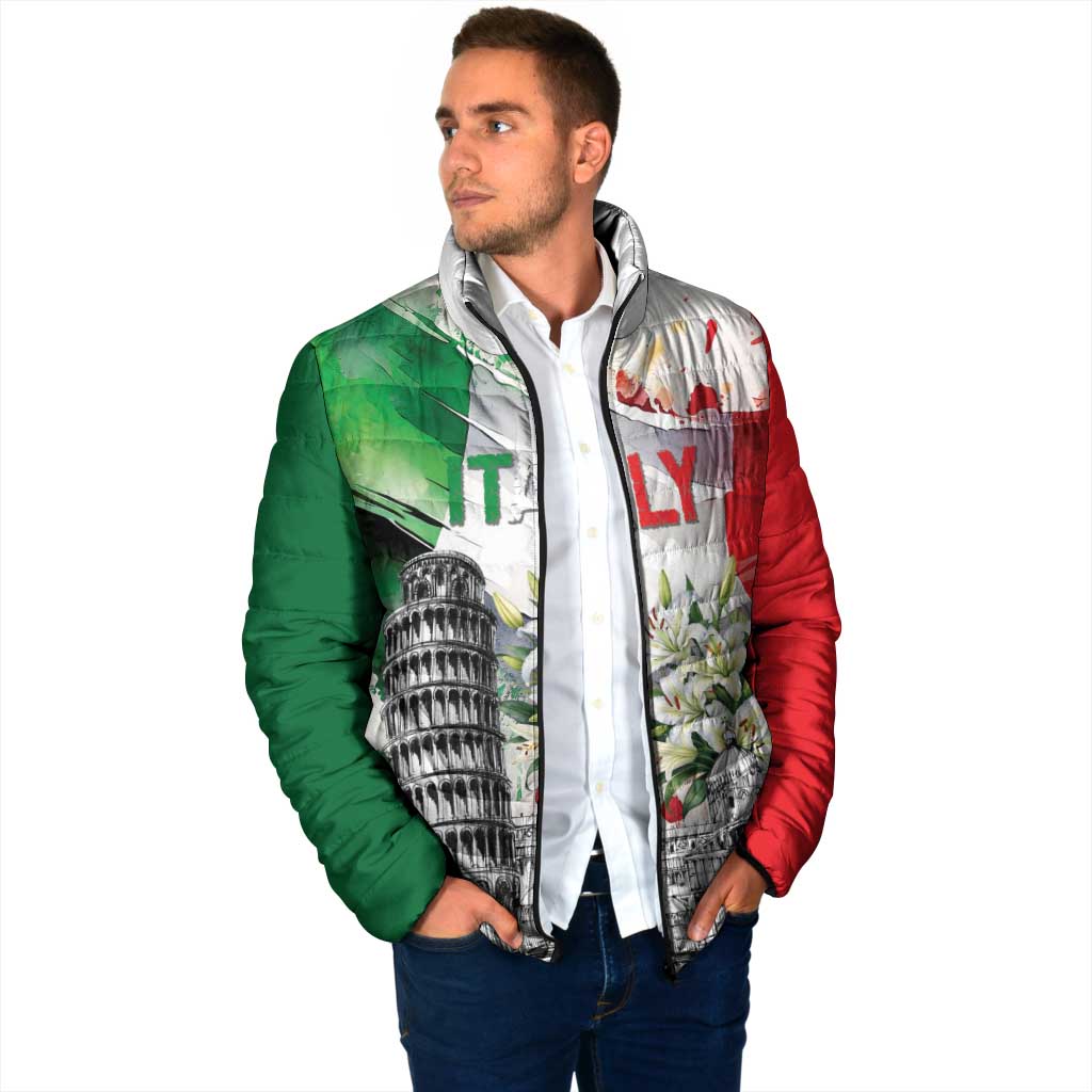 Italy Pisa Tower Padded Jacket White Lily With Flag Style - Wonder Print Shop