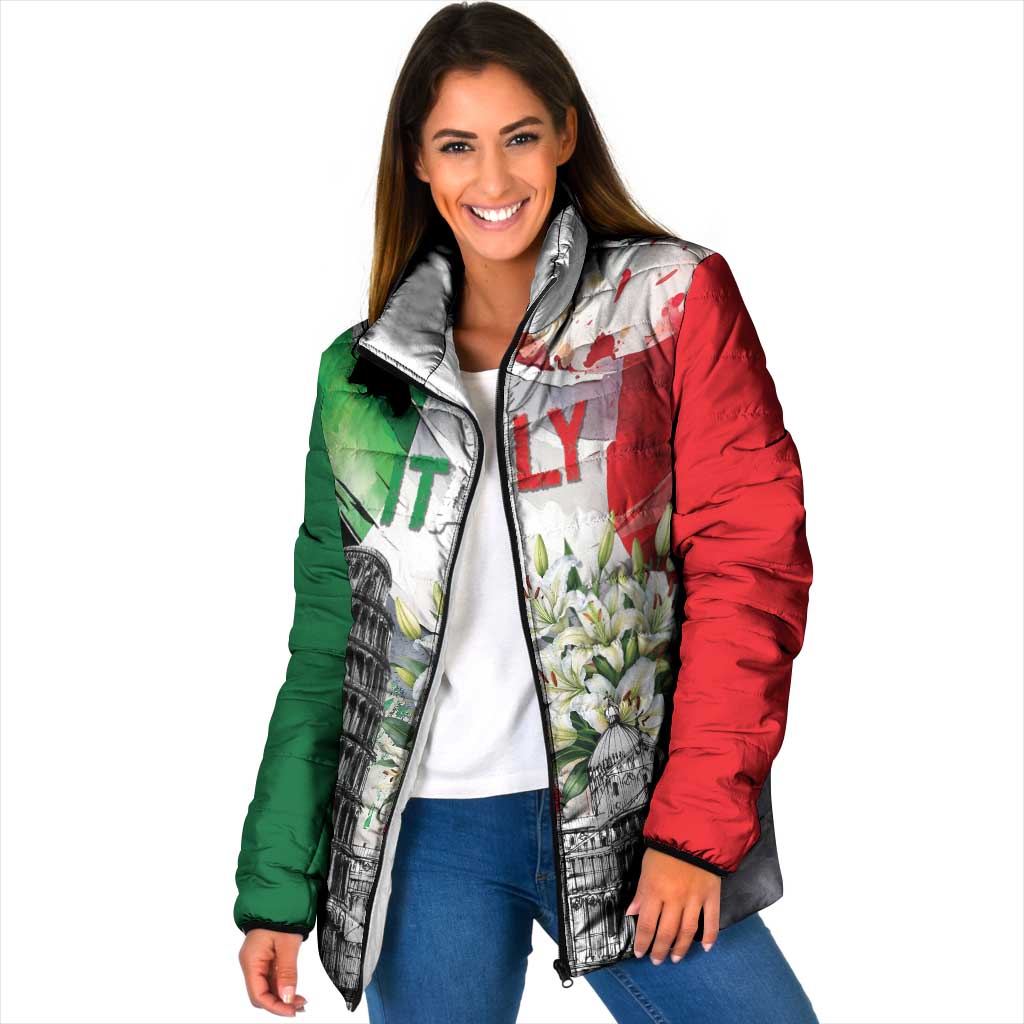 Italy Pisa Tower Padded Jacket White Lily With Flag Style - Wonder Print Shop