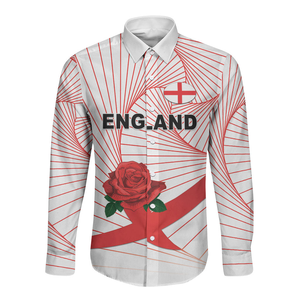 England Rugby Custom Long Sleeve Button Shirt English Red Rose Champions - White