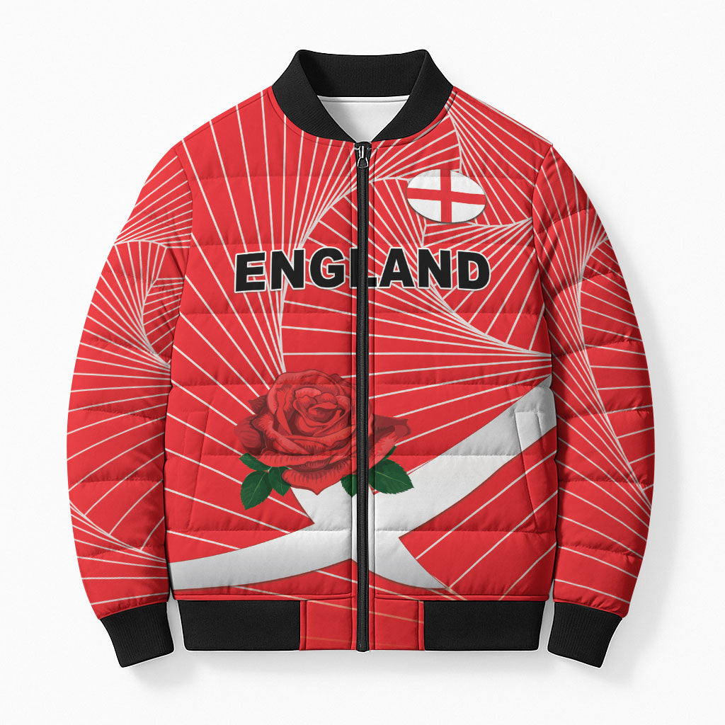 England Rugby Custom Bomber Puffer Jacket English Red Rose Champions - Red