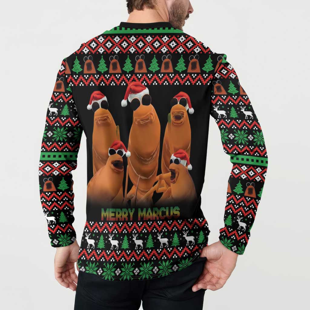Marcus The Worm Christmas Button Sweatshirt Funny Gen Alpha Meme Slang - Wonder Print Shop